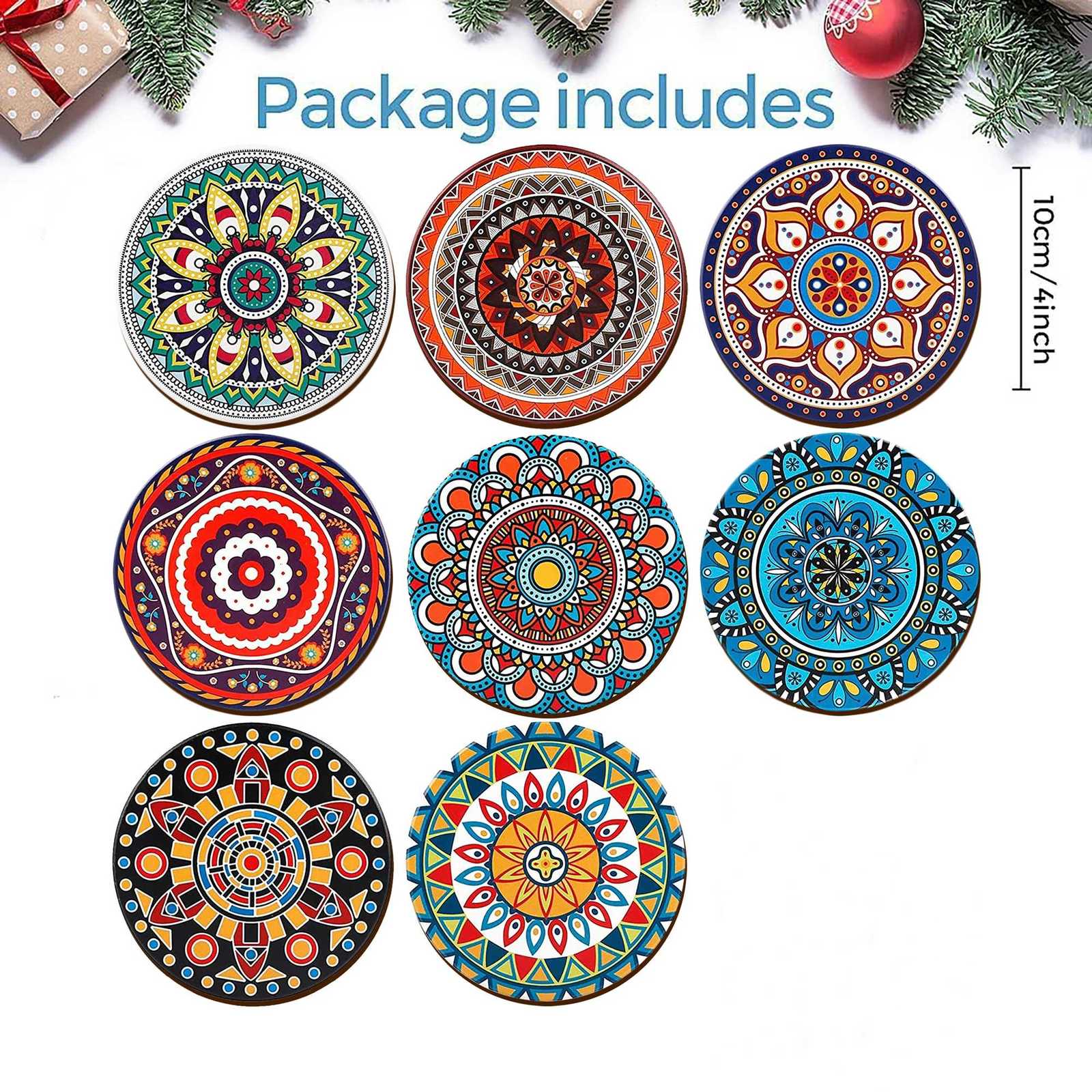 8 pieces/set of mandala patterned wooden anti-slip coasters suitable for home office and living room decoration C251122