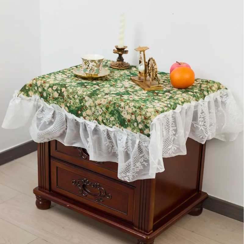 1PC Tablecloth Jacquard Green Flower Camping Outdoor Tablecloth Lace Ruffle Edge Multi-purpose Cover Bedside Table C251122
