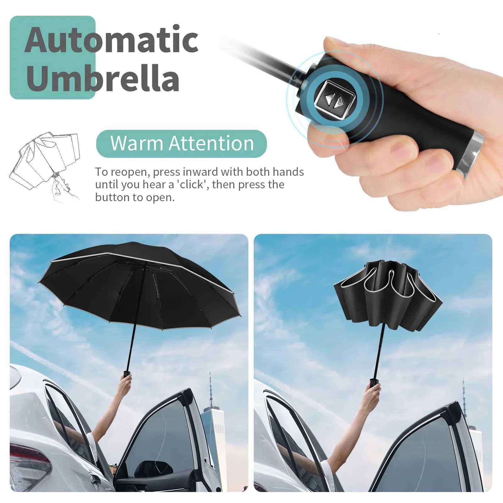 10 Ribs Inverted Automatic Umbrella for Rain Windproof Umbrella with Reflective Strip Fold Sun Compact UV Umbrella for Women MenM251122