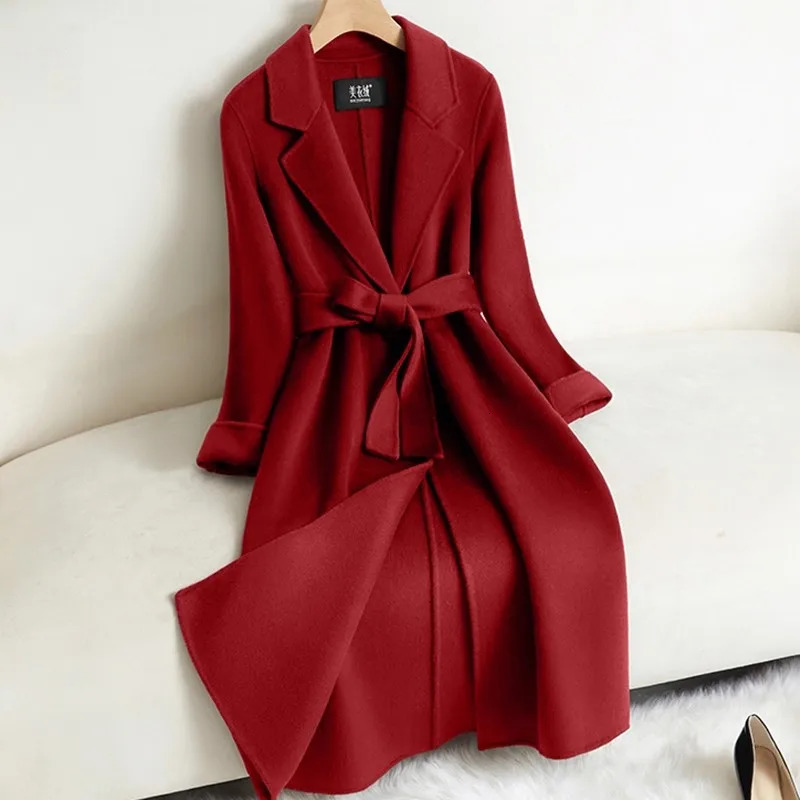 Black Doublesided Cashmere Jacket Womens Long Coat 2025 Autumn Winter Temperament Wool Coats Female Belt Overcoat 251112