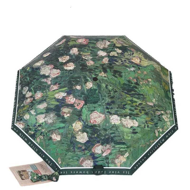 Fully Automatic Oil Painting Sunny Umbrella Folding Womens Vinyl Anti UV Sunscreen Sunshade UmbrellaM251122