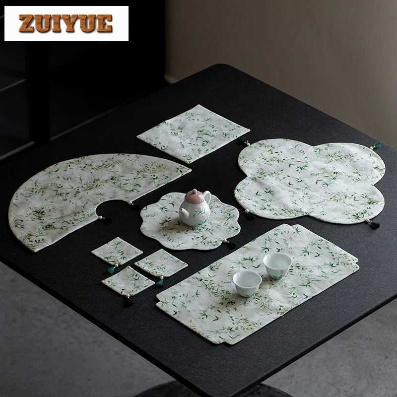 Brocade Embroider Little Green Bamboo Tea Table Mats Luxury Drink Coaster Dinner Table Cloth Mat For Tea Equipment Ornaments C251122