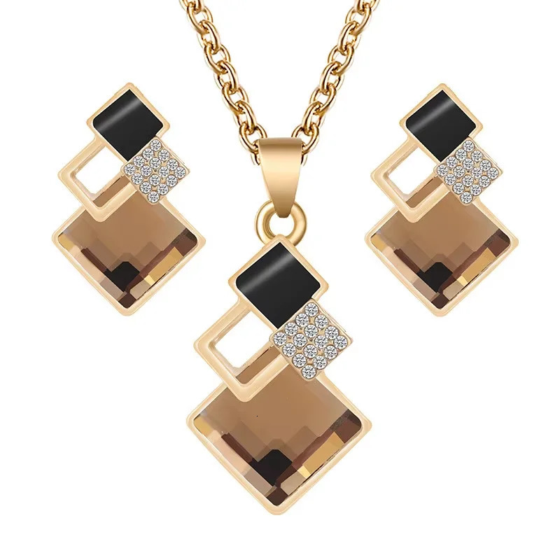 3PC Womens Fashion Transparent Crystal Stone Geometric Pendant Necklace Earrings Jewelry Set Outdoor Accessories Festival Gift 251114
