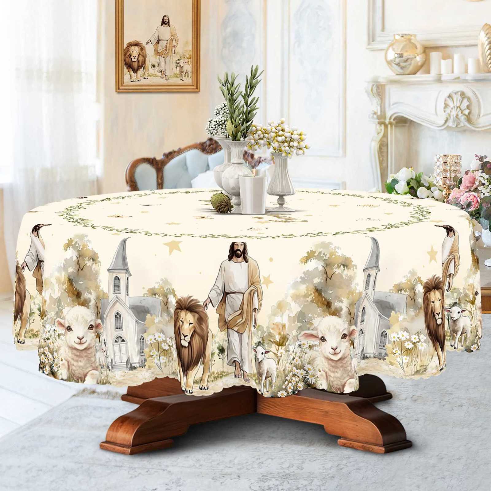 1 Piece Jesus Lion and Sheep Pattern Printed Polyester Tablecloth 4 SelfAdhesiveS tickersE mbossedE dgesS uitablef orH omeK itchenL ivingR oomD iningT