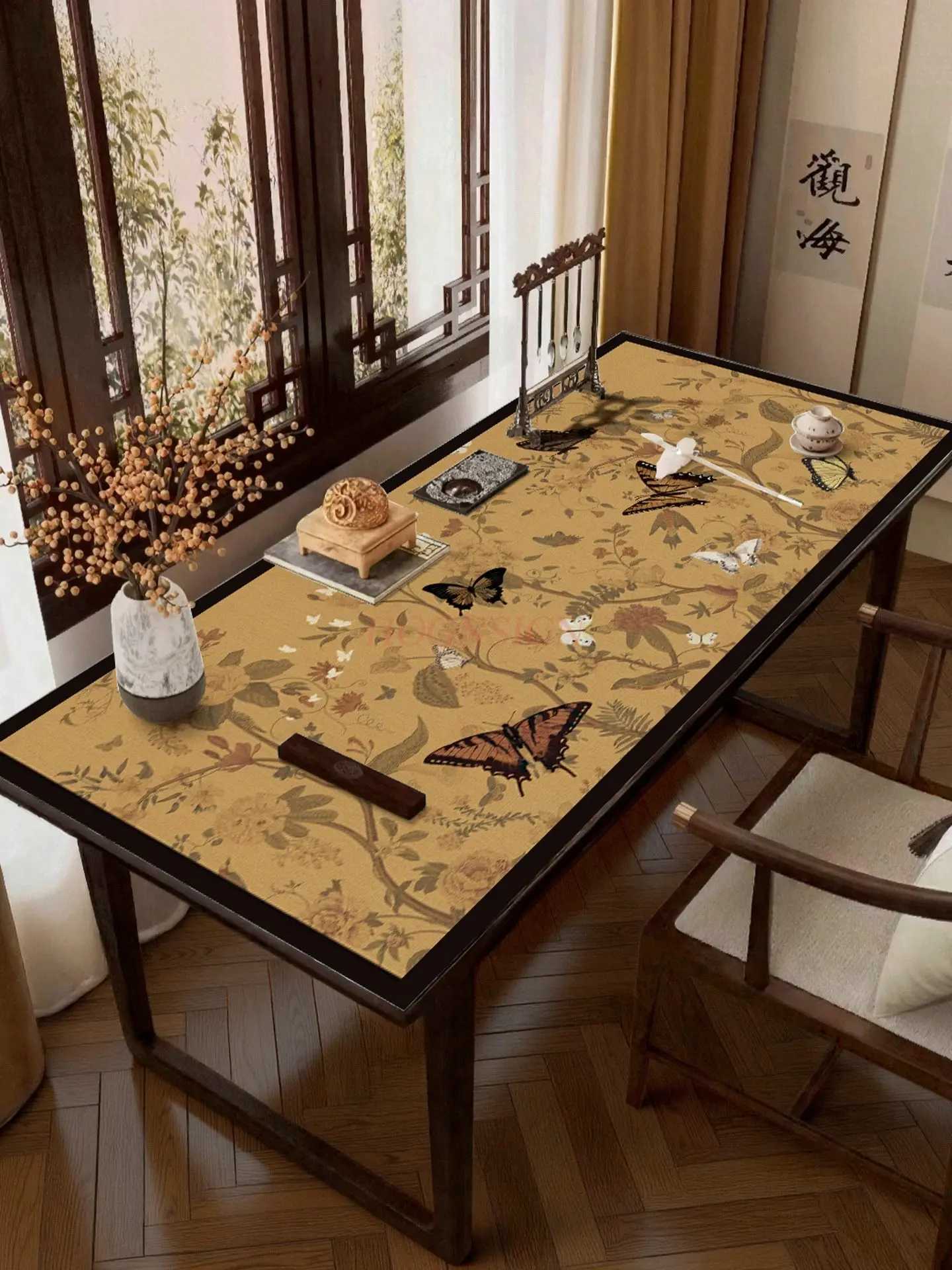 1pcs New Chinese style rectangular waterproof oil resistant and washable tablecloth with high-end desk leather cushion C251122