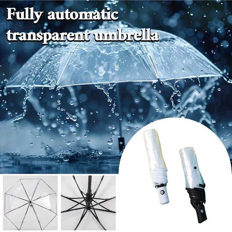 1Pc Automatic Transparent Folding Umbrella Easy Carry Windproof Rain Umbrella Women Fashion Durable Outdoor Anti Wind RainproofM251122