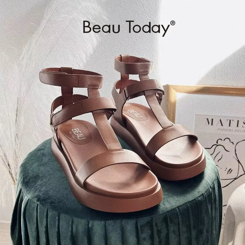 BeauToday Summer Gladiator Sandals Womens Calfskin Leather Open Lace TBar Hook and Loop Handmade Shoes 07130 250421BJ