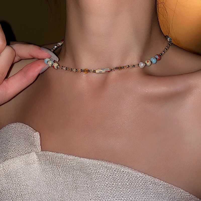 Bohemian Irregular Natural Stone Necklace Imitation Pearl Shell Beaded Necklace Womens Retro Jewelry Gift Y250422