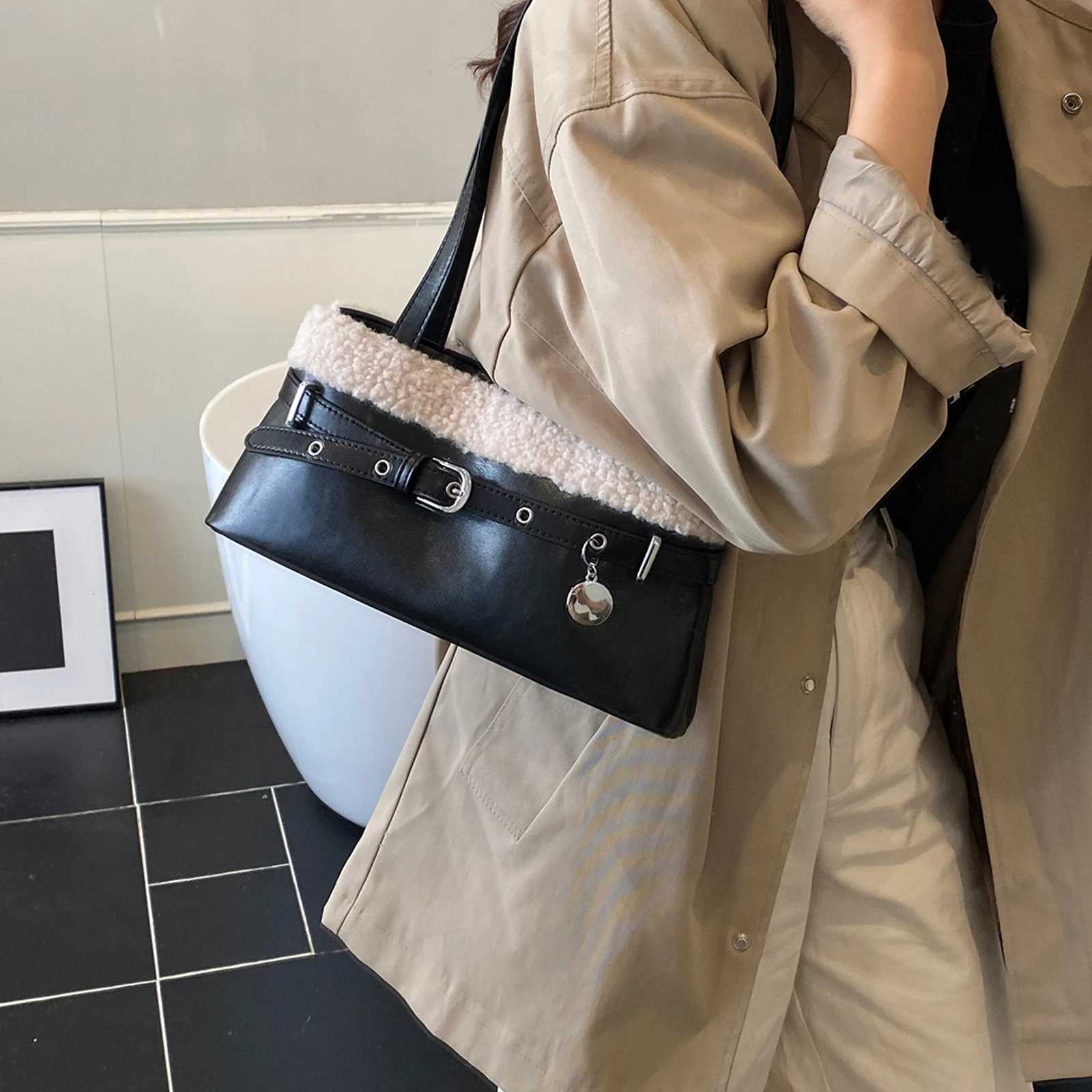 Women PU Lambswool StiTChing Vintage Shoulder Bag with Belt Small SaTChel Tote Bag Hobo Bag for Daily School Travel K251121