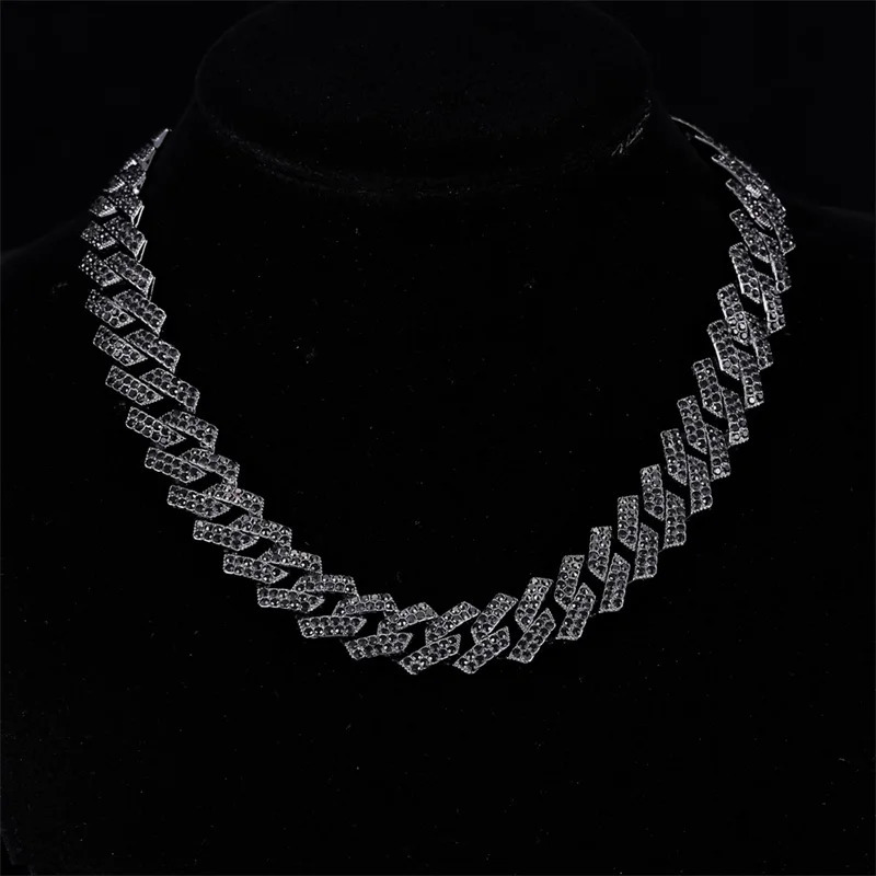 D Z Hip Hop Black Color 15MM Cuban Link Chain 2 Row Black Iced Out Rhinestones Rapper Necklaces For Men Women Choker Jewelry 250420