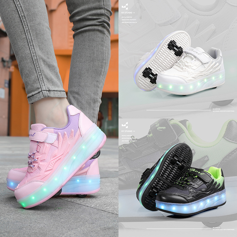 Four wheeled high heels with luminous shoelaces that can be charged with electric lights, fashionable trendy shoes, fashionable casual children's