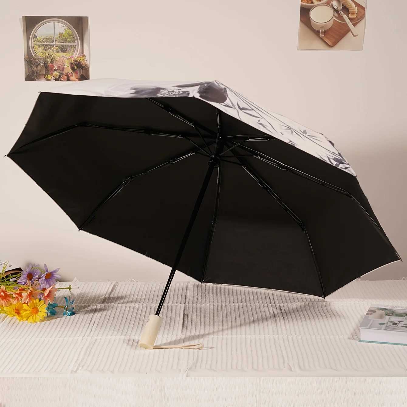 Automatic Umbrella Chinese style Ink Painting Bamboo Pattern Folding Umbrella Rain proof Sun Protection UV Protection Travel UM251122