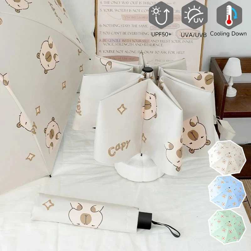 Cute Capybara Patterned Umbrella Compact Travel-Friendly Sun Rain Shield UPF50 Plastic Folding Parasol with Anti-UV CoatingM251122