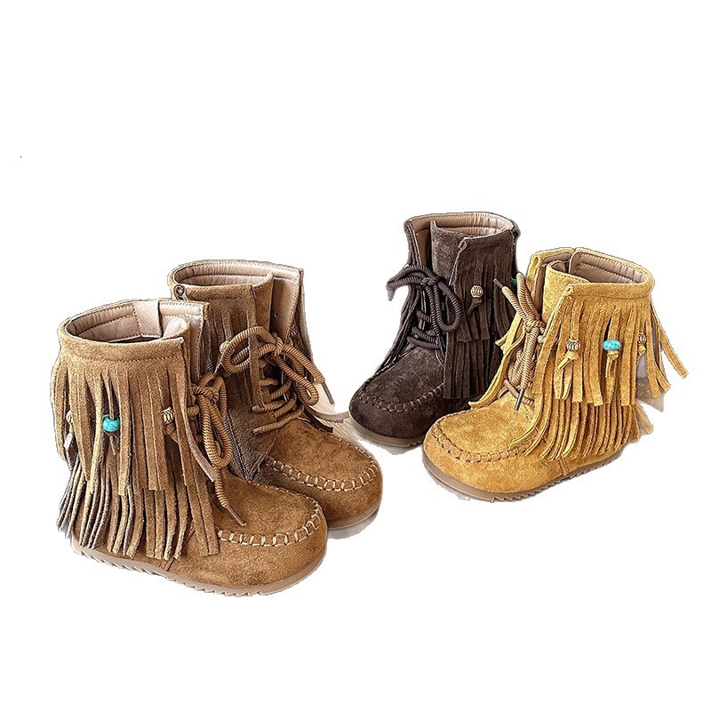 New designer shoes Indian Retro Tassel Children s Shoes Worn Style Autumn Winter New Martin Boots Half Boots Little Girls Versatile