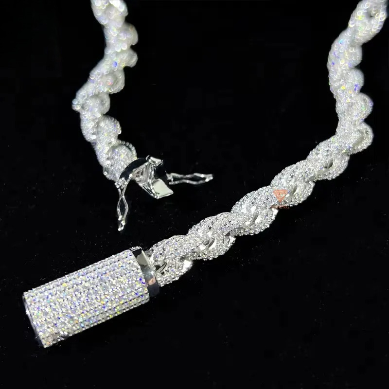 Hip Hop Custom Iced Out Sterg Sier Vvs Moissanite White Gold Plated Rope Chain Tennis Chains Jewelry Unisex Dia Necklace