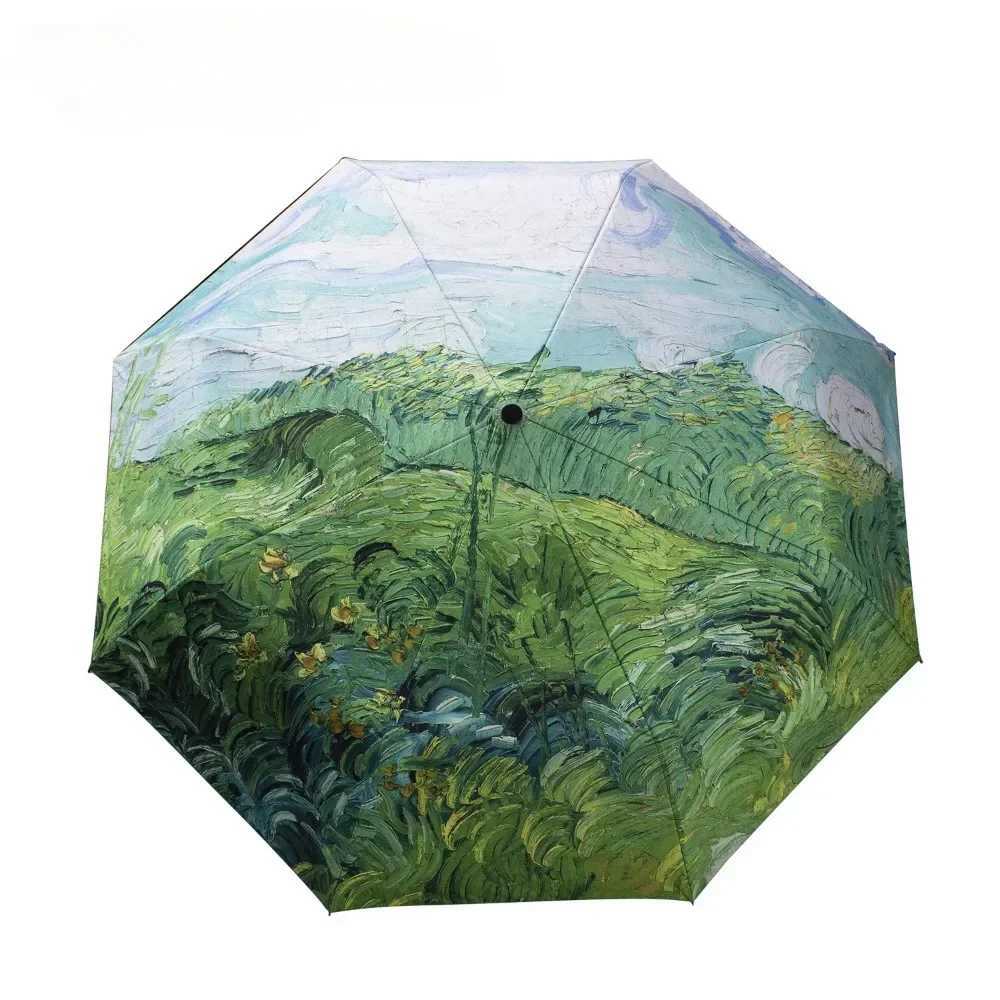 Small Fresh Umbrella Oil Painting Automatic Folding Umbrella Female Paraguas Van Gogh Oil Painting Umbrella Rain Quality ParasolM251122
