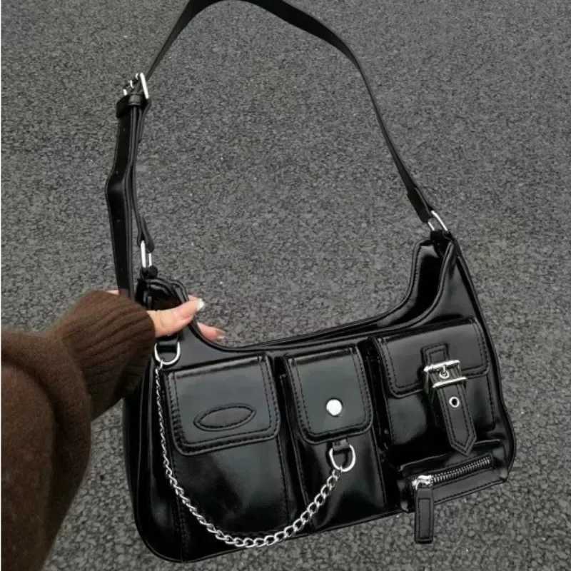 Y2k Womens Shoulder Bag Harajuku Fashion Gothic Casual Black Chains Handbag Hot Girls Pu Leather Ladies Motorcycle Bag SacT251122