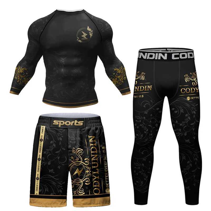 Mens track and field uniform MMA Rashguard Jiu Jitsu T-shirt+pants set fitness boxing jersey BJJ Muay Thai shorts gym Rashguard sportswear W250422