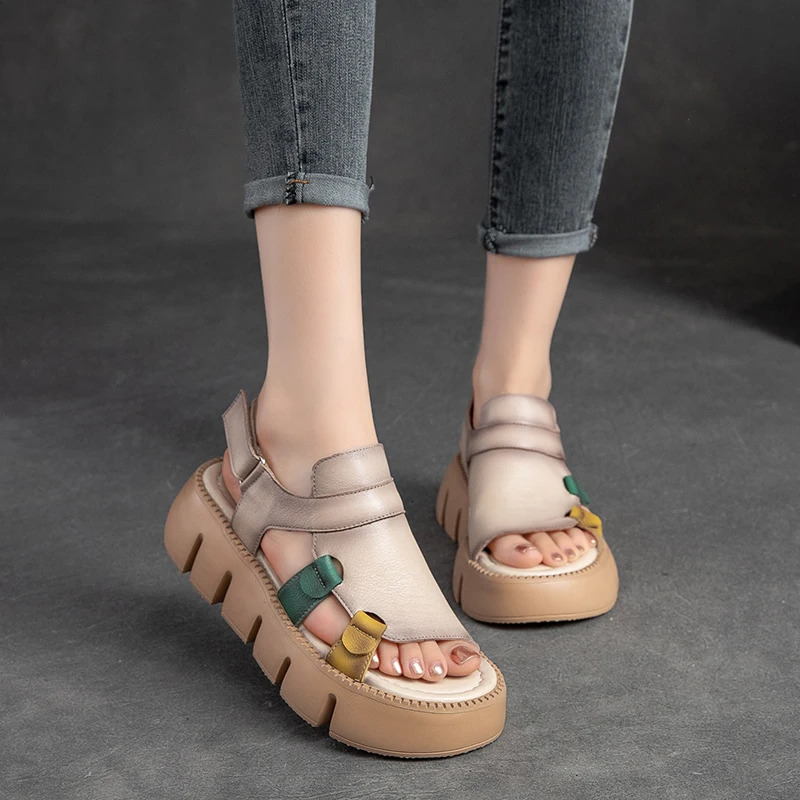 Drkanol Handmade Genuine Leather Sandals Womens ner y Hook and Loop Wedge Platform Casual Summer Shoes 250421BJ - view 4