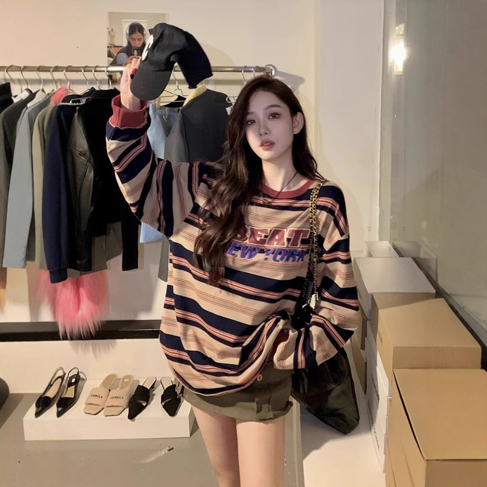 American designer striped round neck hoodie with women's fleece, new Korean version loose and lazy style mid length hip covering top