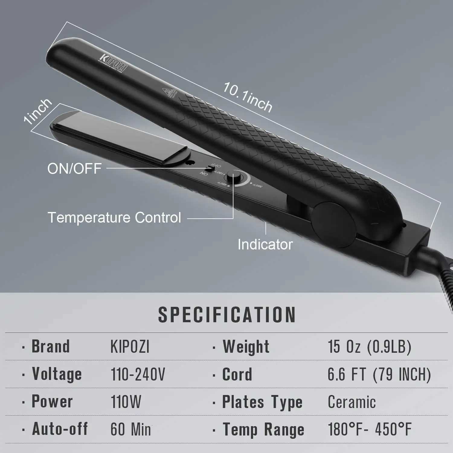 KIPOZI 1 Inch Hair Straightener Ceramic Flat Iron Adjustable Temp Straightens and Curls180-450 Dual Voltage BlackT251122