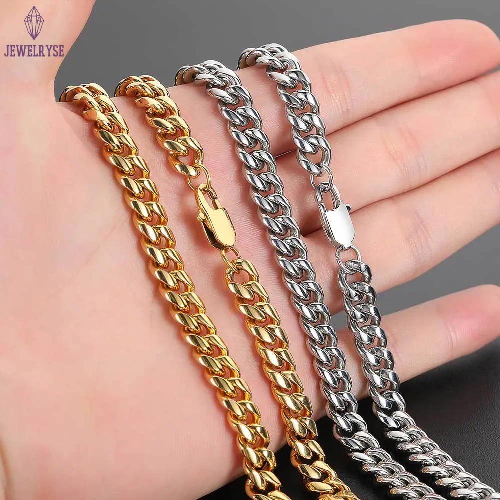 18K Gold Miami Cuban Link Chain Necklace For Men Punk Gold Chains Stainless Steel Choker Necklace Hip Hop Jewelry Gift 5Mm 16-30