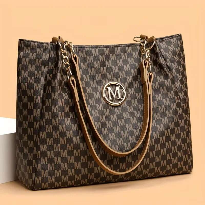 Vintage Geometric Tote Synthetic Leather Letter M Design For Women Handbag Shoulder Large Capacity Shopping Travel Bag Bag
