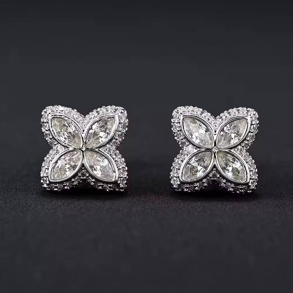 Wholesale Marquise Ear Studs Vvs Moissanite Iced Out Diamond Hip Hop Jewelry 925 Silver Clover Stud Earrings