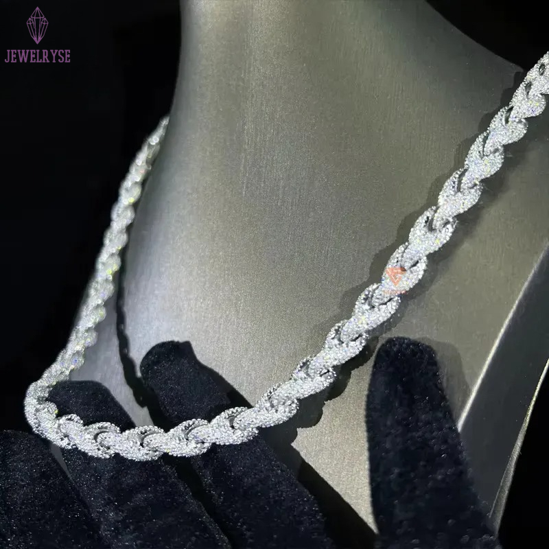 Hip Hop Custom Iced Out Sterg Sier Vvs Moissanite White Gold Plated Rope Chain Tennis Chains Jewelry Unisex Dia Necklace
