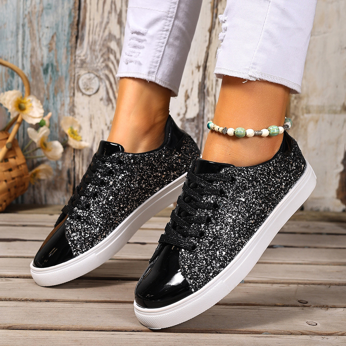 shoes women luxury 2025 Summer Plus Size Sneakers with Glitter, Western Style Front Lace-Up Solid Color Skate Shoes for Women