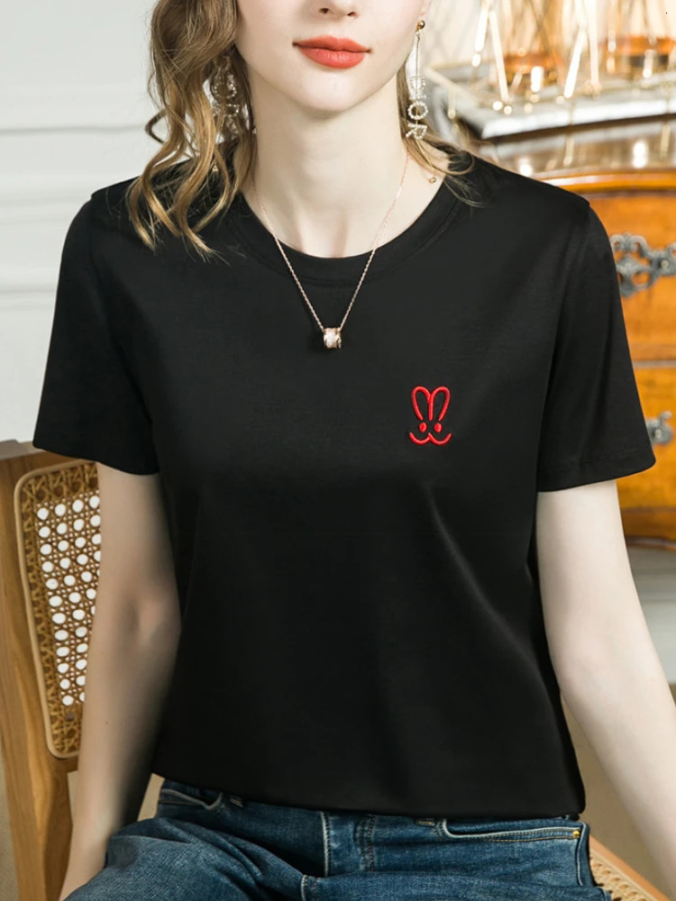 Womens pure cotton Tshirt summer casual short sleeved round neck ed rabbit basic silk combed fashionable 250418