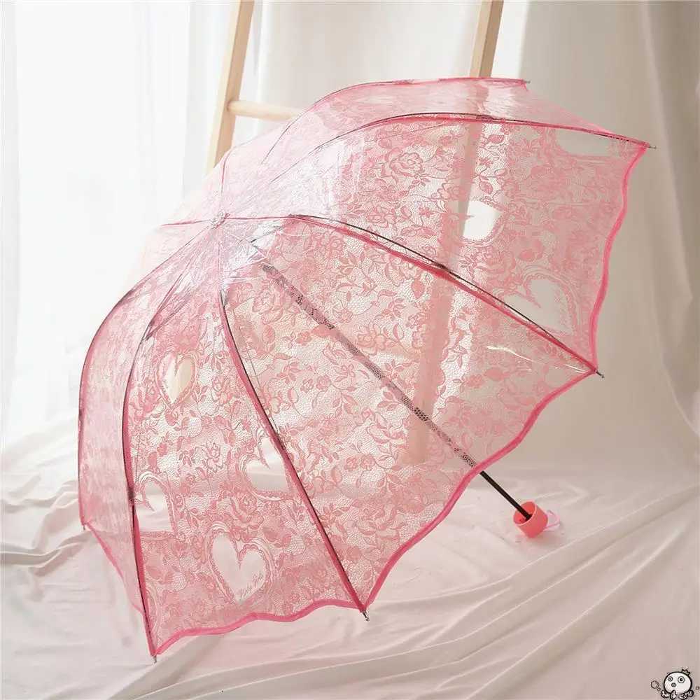 Three Fold Transparent Princess Women Rain Umbrella Romantic Lace Heart Print Thicken PVC Clear Umbrellas Lovers Girls GiftsM251122