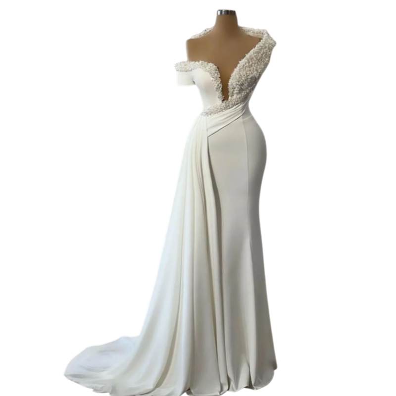 Elegant Ivory Satin Mermaid Wedding Dresses Pearls Beaded Off-Shoulder Elegant Bride Second Reception Dress Ruched Pleats Long Luxurious Bridal Gowns 