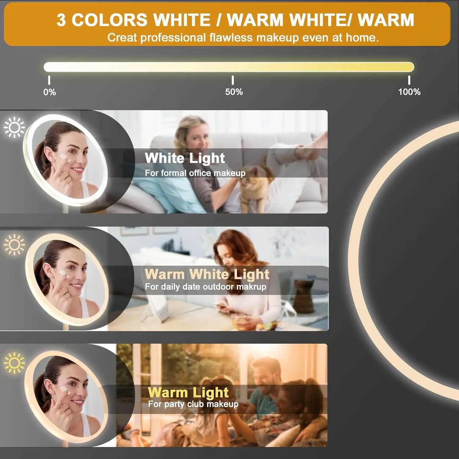 LED Makeup Mirror 3 Colors Dimmable Touch Rechargeable Stepless Dimming Vanity Mirror Detachable Travel Portable Makeup Supplies M251122