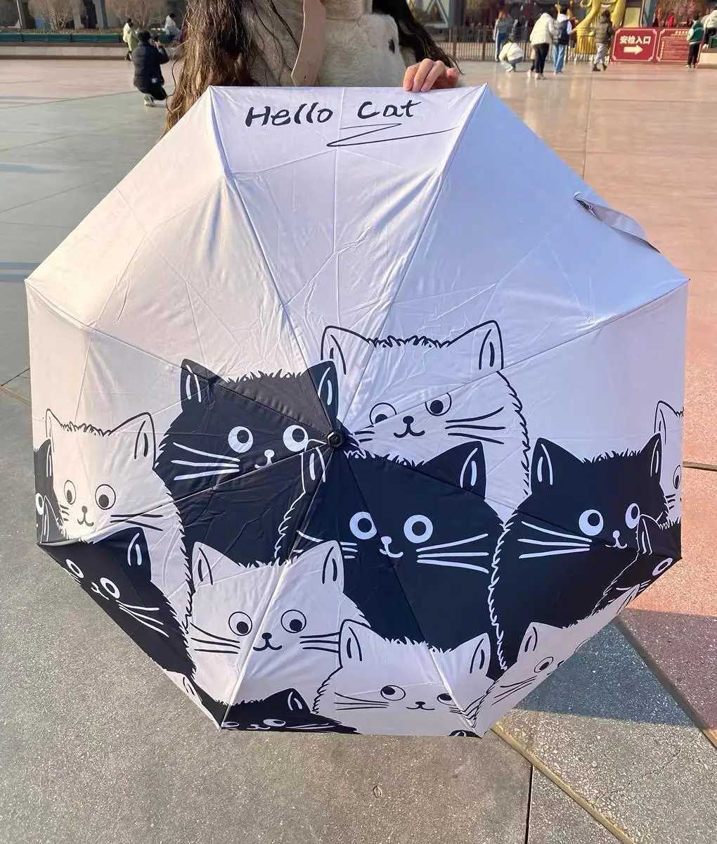 Black and white cat auto umbrella for sun and rain cute portable sunshade with UV protection black rubber folding sun umbrellaM251122