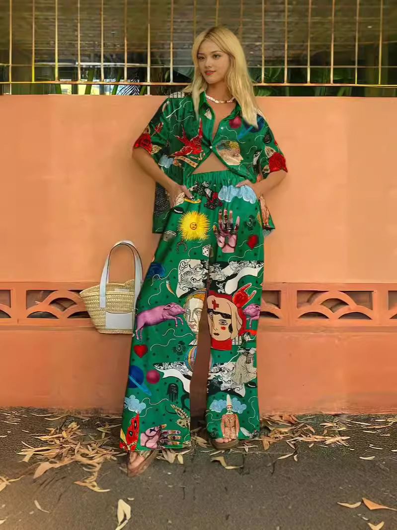 Spring and Summer 2023 New Ice Pamas Women's Long-sleeved Silk Lapel Home Suit Fashionable Ins Style