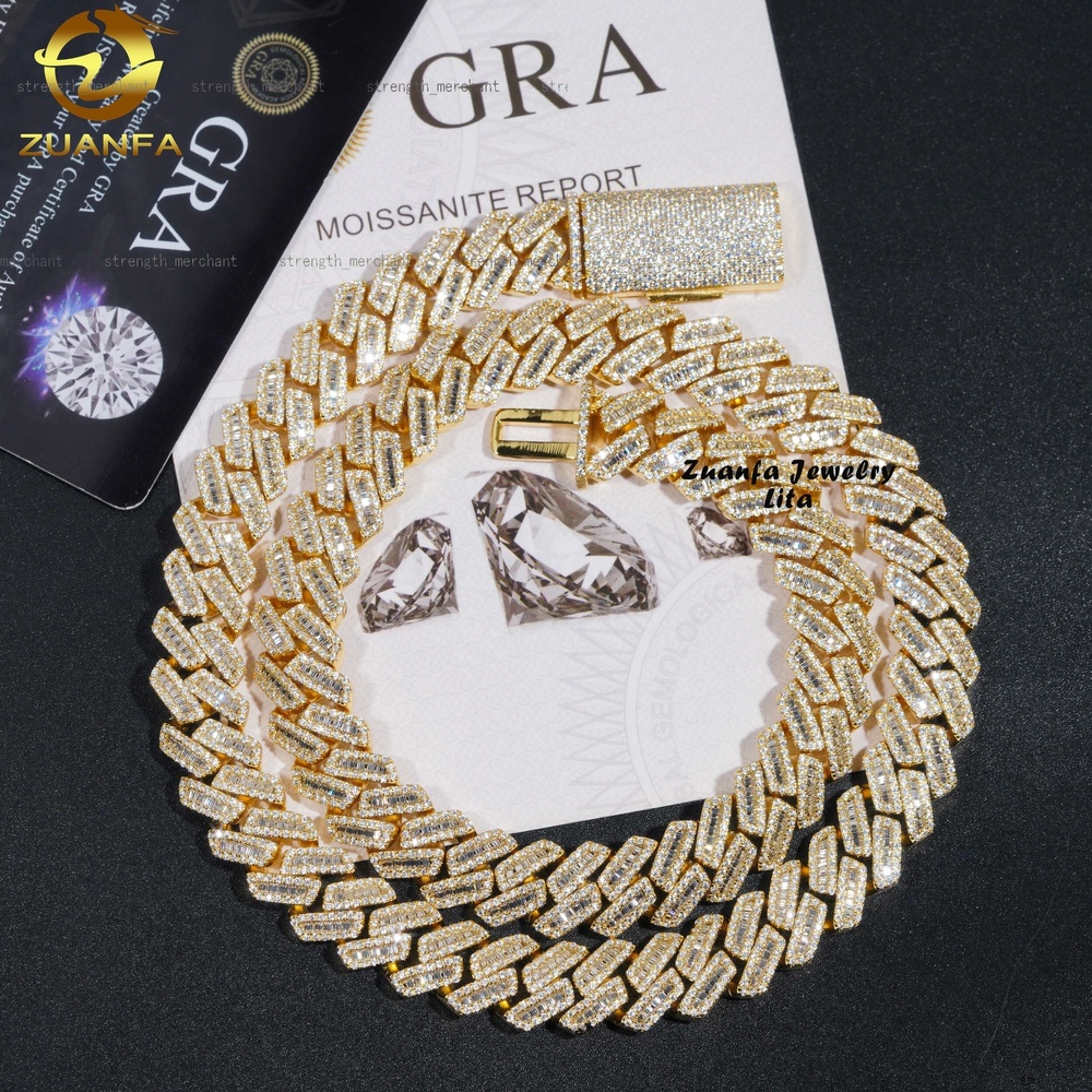 Hip Hop New Style Iced Out Silver 12MM Width Baguette Moissanite Diamond Gold Plated Cuban Link Chain