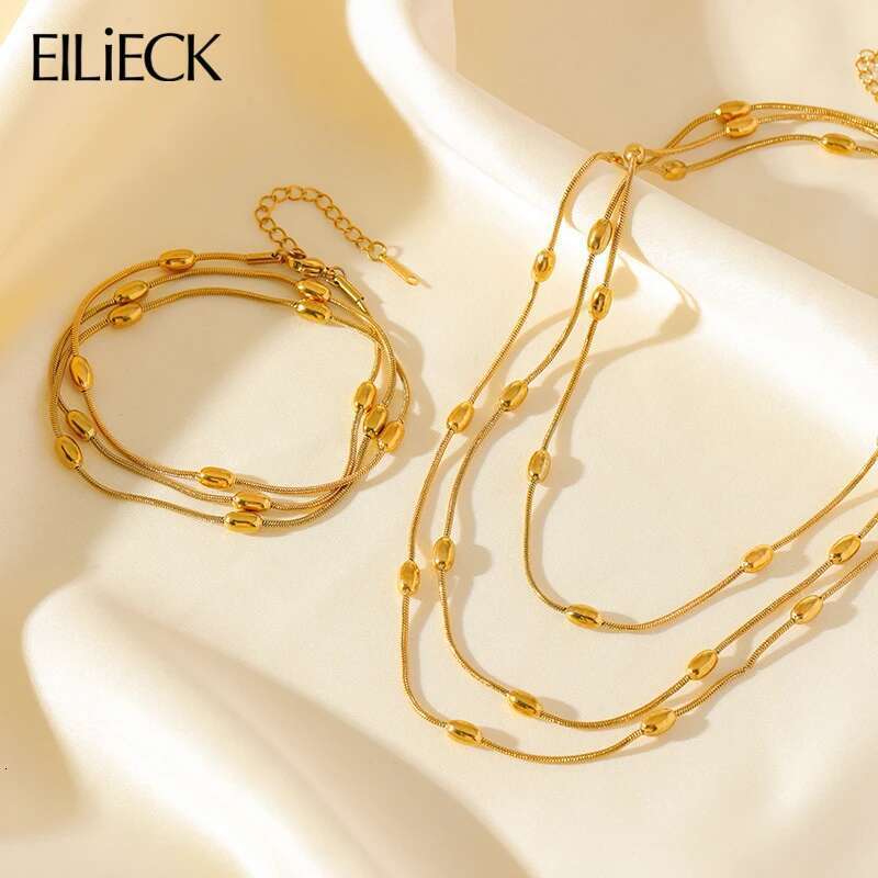 EILIECK 316L Stainless Steel Gold Color Multi-Layer Stacking Chain Necklace Bracelet Set For Women Fashion Waterproof Jewelry