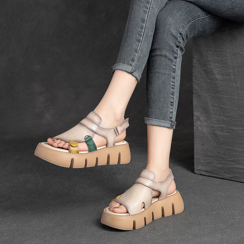 Drkanol Handmade Genuine Leather Sandals Womens ner y Hook and Loop Wedge Platform Casual Summer Shoes 250421BJ - view 3