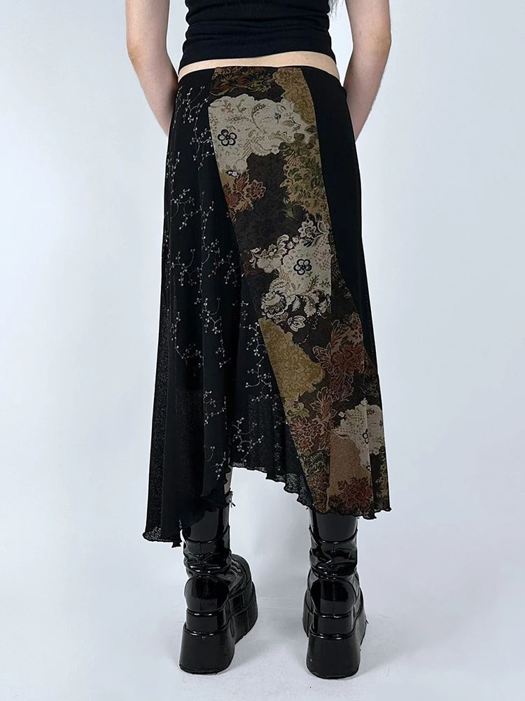 IAMSURE Vimtage Patchwork Flower Grid Skiing Leisure Mid waist Long Skirt Womens Autumn Spring Street Dress Women 250422