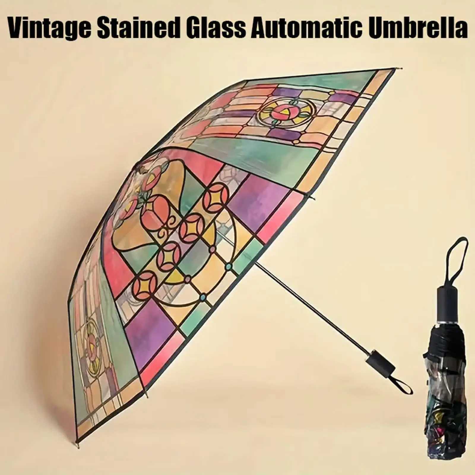 New Design Retro Palace Style Stained Glass Long Handle Automatic Auto Open Folding Transparent Handle UmbrellaM251122