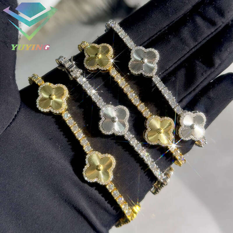 Fashion Four-Leaf Lucky S Sier 3mm Moissanite Laser Engraved Clover Tennis Chain Jewelry Bracelet