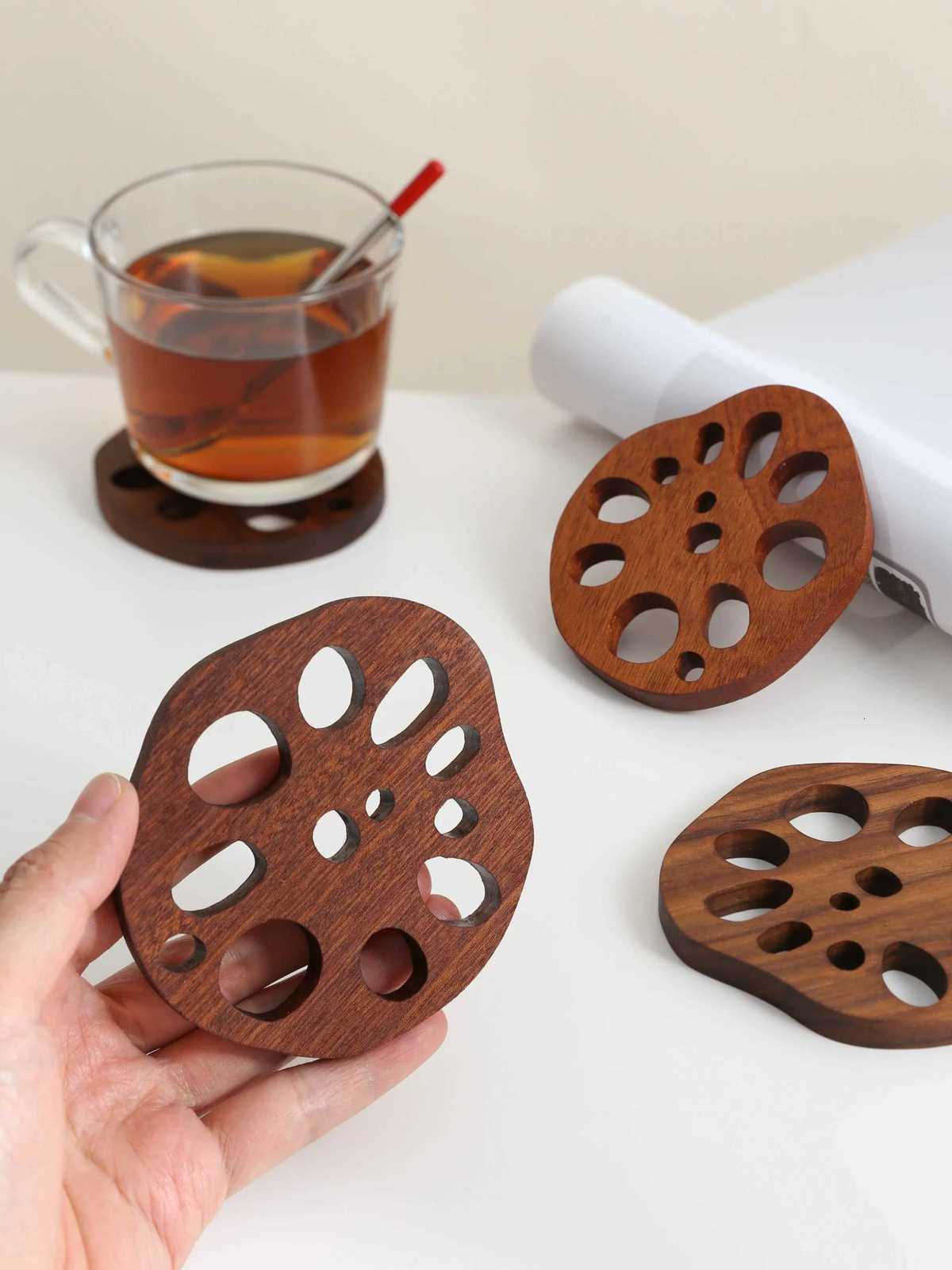 Black Walnut Lotus Root Slices Solid Wood Coaster Creative Mark Insulation Pad Anti Scalding Wooden Teacup Pad C251122