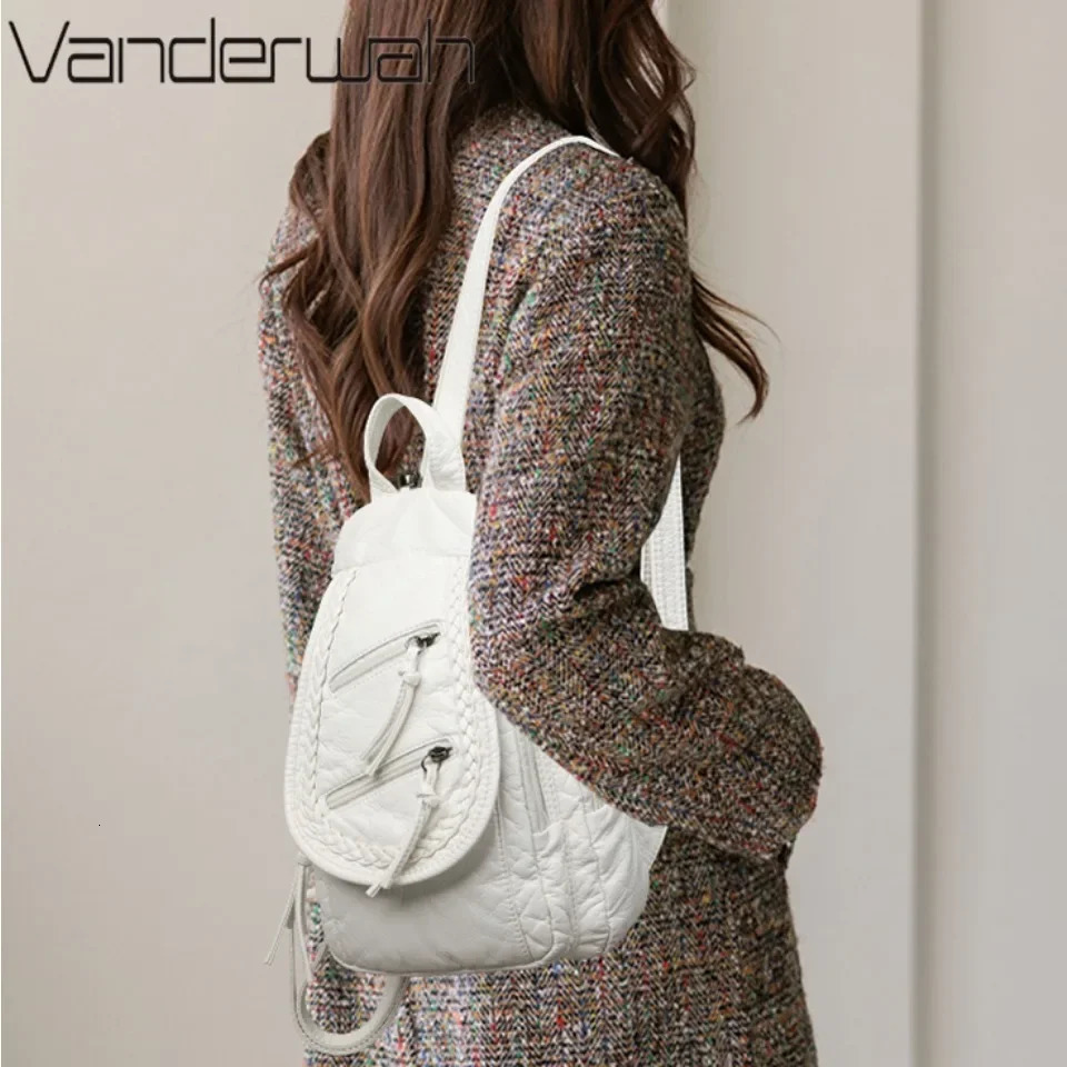 White Backpack For Women Small Shoulder Bag Multipocket Rucksack Ladies High Quality Soft Leather Sac A Dos Casual Teenager 251111