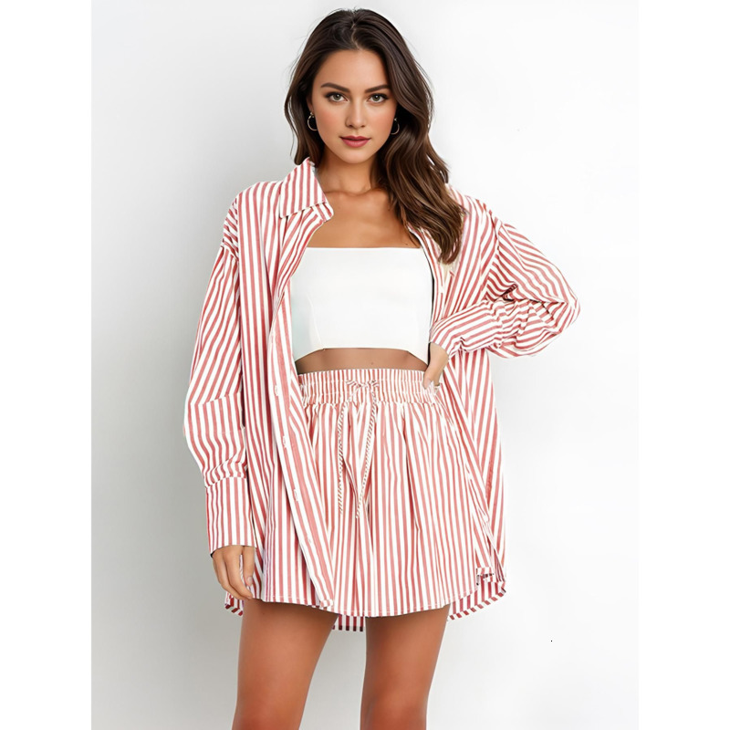 Women Tracksuits Two Pieces Set Spring Summer Temperament Commuter Casual Pants Set Fashion Shirt Stripe Long Sleeve Split Sportwear