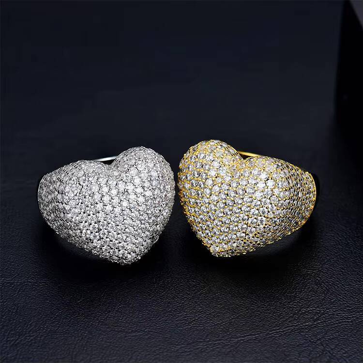 Luxury Bling Women Ring Jewelry 18k Gold Plated Iced Out Fully Cz Diamond Bubble Heart Finger Ring
