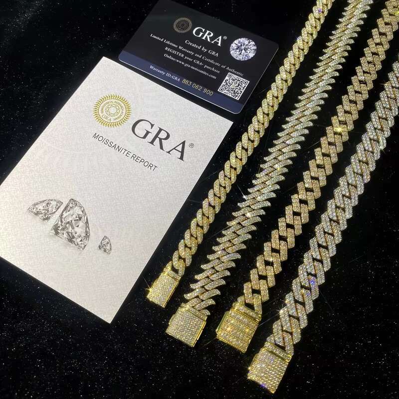 VVS Moissanite Pass Dia Tester Tone Miami Cuban Link Chain 12mm 14mm 18mm 20mmHip Hop Necklace Bracelet Men Jewelry