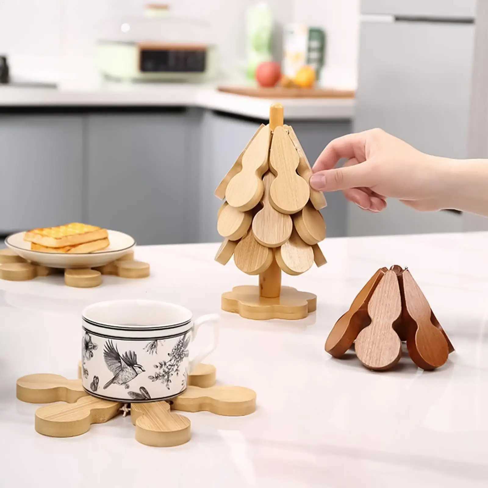 Wooden Trivets For Hot Dishes Folding Tree Shape Table Mat Holders Heat Insulated Pad Set Coasters For Pots Christmas decoration C251122