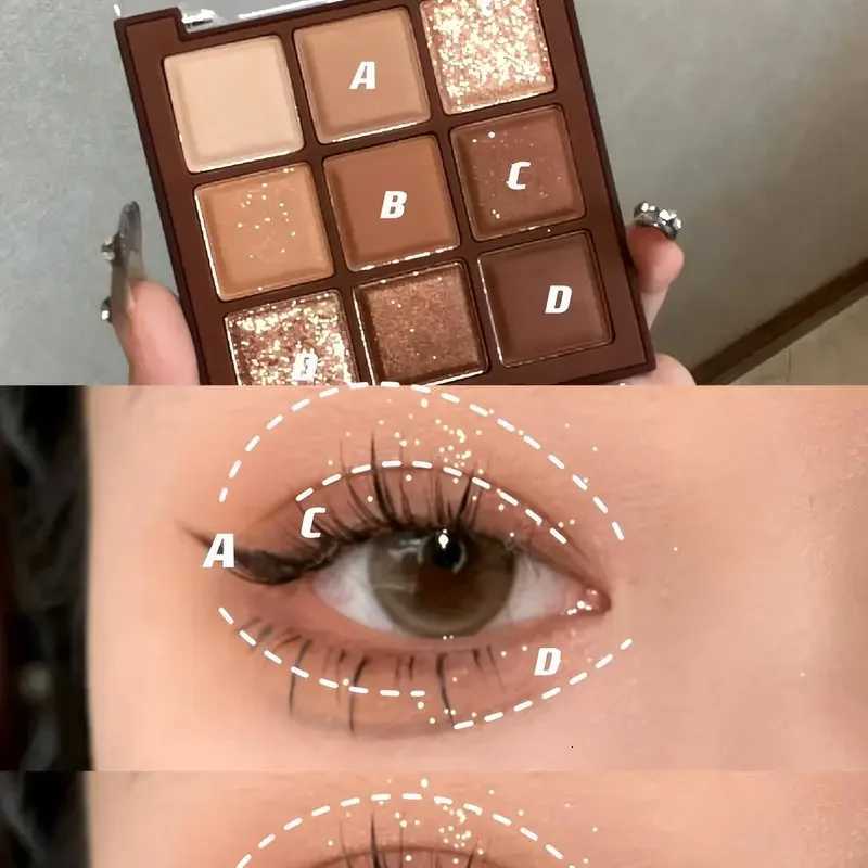 Chocolate eyeshadow Palette - 9 shades of natural brown gold with glitter matte effects lasting eye makeup Korean makeupT251122
