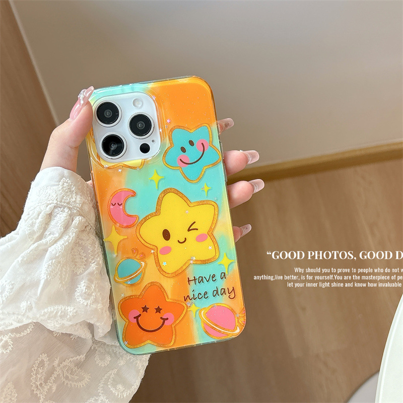 Gradient Moon Smiley Star Phone Case Compatible iPhone 16/15 Pro Max/ with Handheld Chain iPhone 14/13
